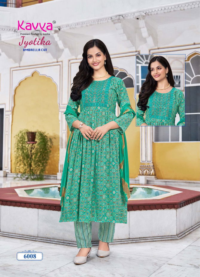 Jyotika Vol 6 By Kavya Capsule Foil Printed Embroidery Kurti With Bottom Dupatta Wholesalers In Mumbai
